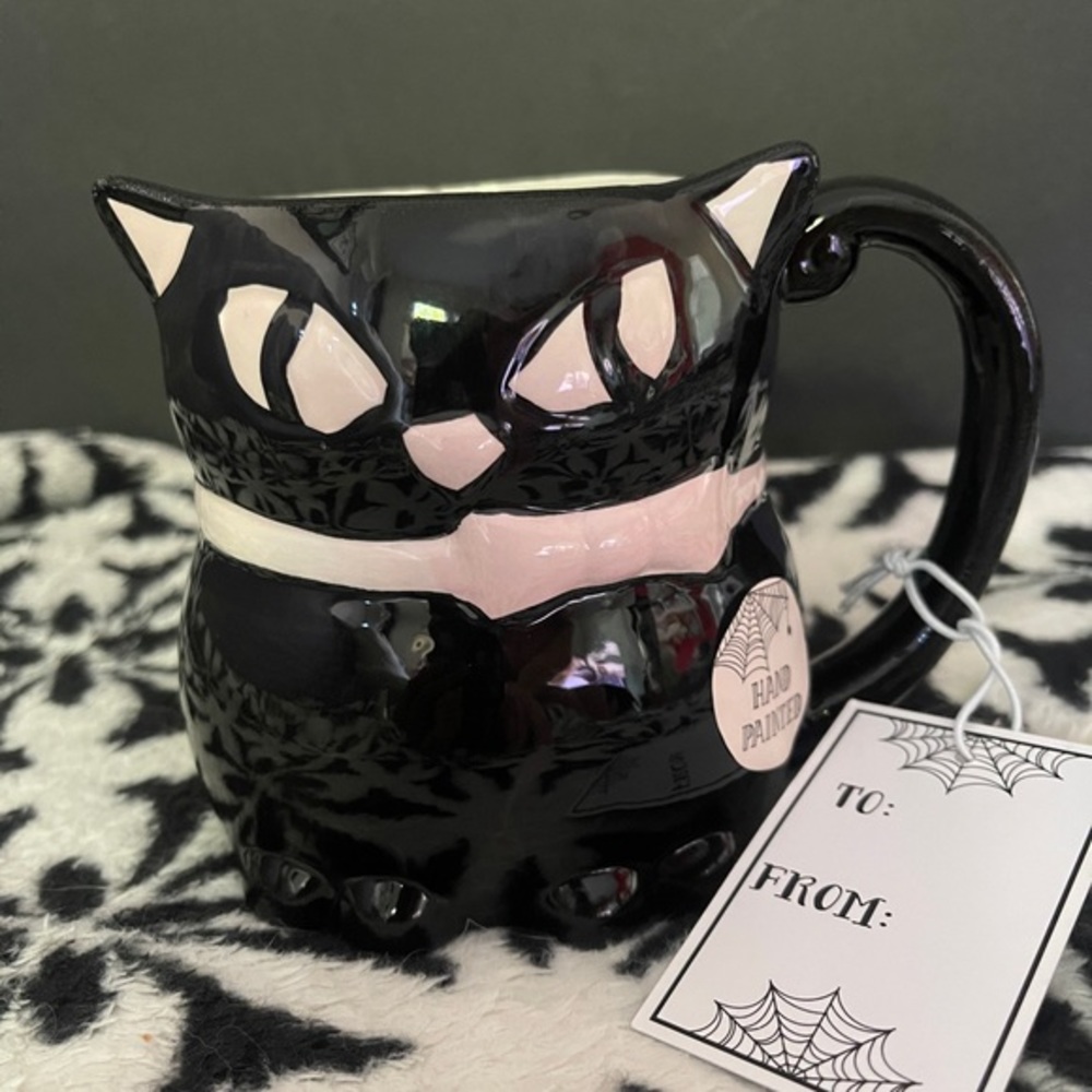 Halloween 🩷 Pink and Black Cat 🐈‍⬛ Ceramic Coffee Mug NEW
